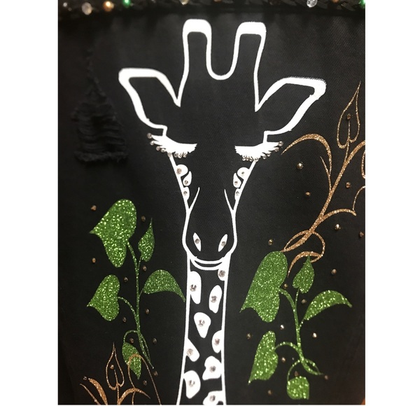 I Love Giraffes Black Denim Oversize Distressed Jacket - Picture 4 of 11